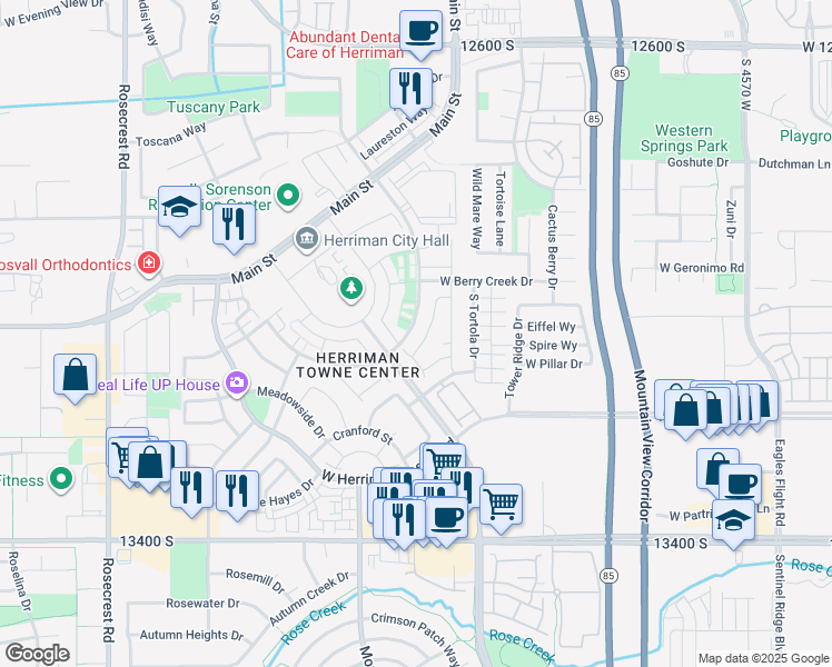 map of restaurants, bars, coffee shops, grocery stores, and more near 5111 Summerdale Drive in Herriman