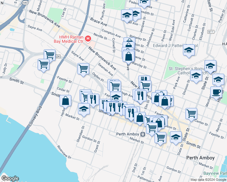 map of restaurants, bars, coffee shops, grocery stores, and more near 362 Stockton Street in Perth Amboy