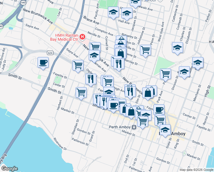 map of restaurants, bars, coffee shops, grocery stores, and more near 365 Lehigh Avenue in Perth Amboy
