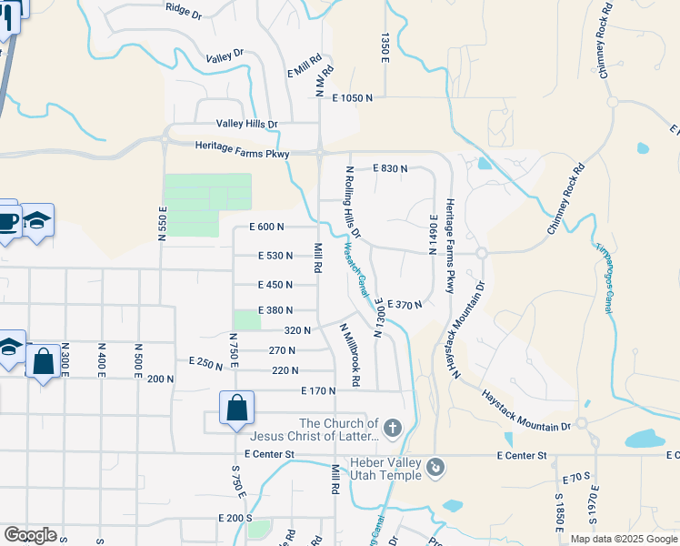 map of restaurants, bars, coffee shops, grocery stores, and more near 413 Waterside Road North in Heber City