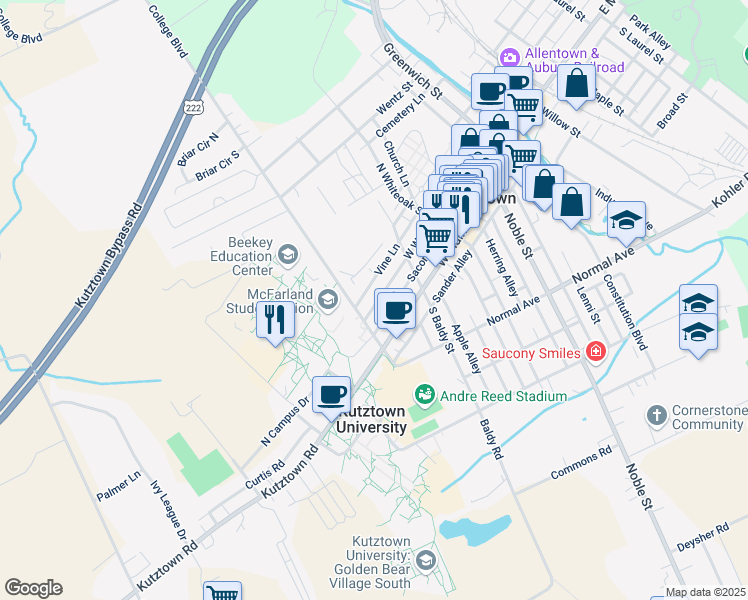 map of restaurants, bars, coffee shops, grocery stores, and more near 471 West Walnut Street in Kutztown