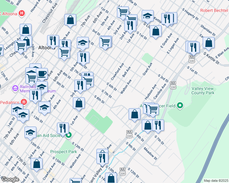 map of restaurants, bars, coffee shops, grocery stores, and more near 605 Bell Avenue in Altoona