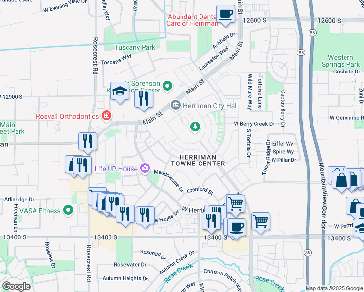 map of restaurants, bars, coffee shops, grocery stores, and more near 13152 Elsmere Lane in Herriman
