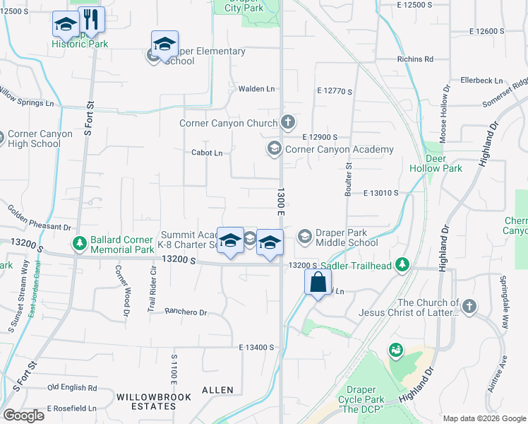 map of restaurants, bars, coffee shops, grocery stores, and more near 13050 South 1300 East in Draper