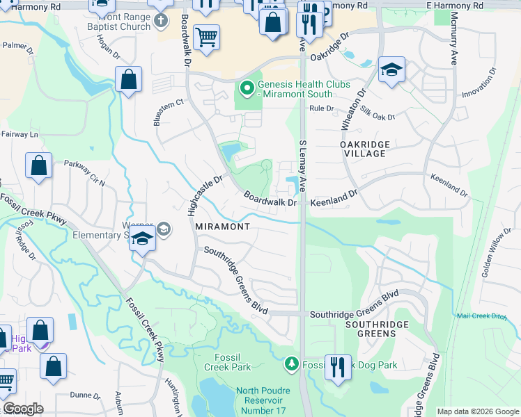 map of restaurants, bars, coffee shops, grocery stores, and more near 1006 Belvedere Court in Fort Collins