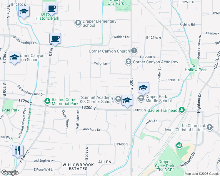 map of restaurants, bars, coffee shops, grocery stores, and more near 13075 Summerharvest Drive in Draper