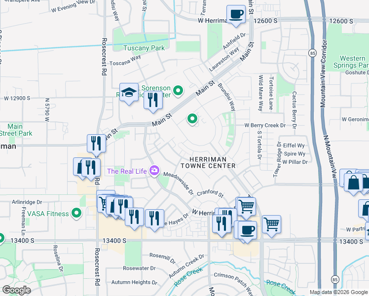 map of restaurants, bars, coffee shops, grocery stores, and more near 13152 Elsmere Lane in Herriman
