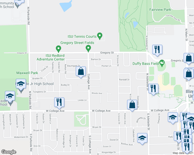map of restaurants, bars, coffee shops, grocery stores, and more near 1503 Ensign Drive in Normal