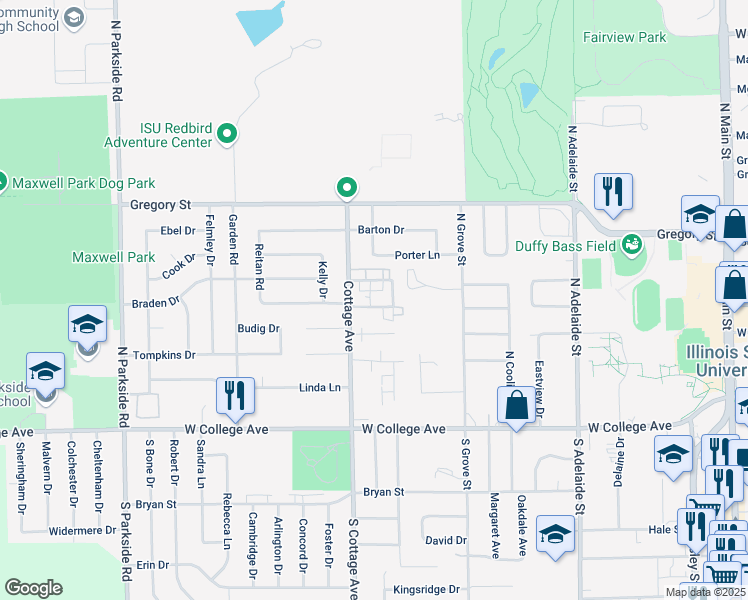 map of restaurants, bars, coffee shops, grocery stores, and more near 1503 Ensign Drive in Normal