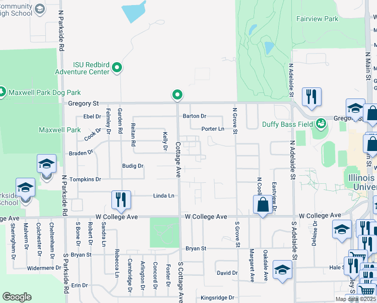 map of restaurants, bars, coffee shops, grocery stores, and more near 1503 Ensign Drive in Normal