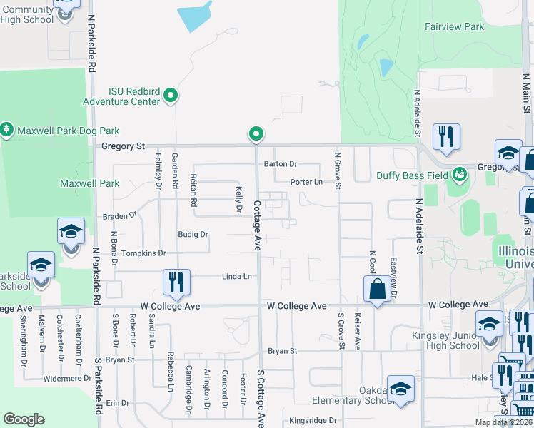 map of restaurants, bars, coffee shops, grocery stores, and more near 1600 Ashbrook Court in Normal