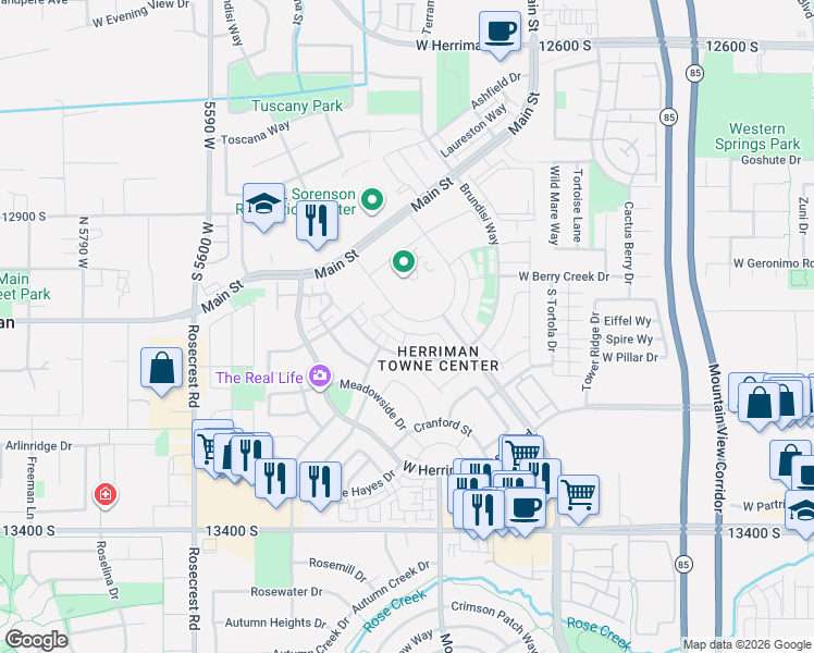 map of restaurants, bars, coffee shops, grocery stores, and more near 13061 South Cannavale Lane in Herriman