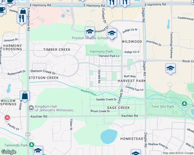 map of restaurants, bars, coffee shops, grocery stores, and more near 2626 Country Squire Lane in Fort Collins