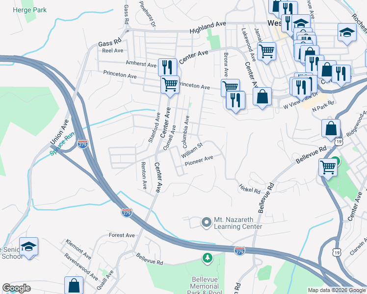 map of restaurants, bars, coffee shops, grocery stores, and more near 418 Columbia Avenue in Pittsburgh