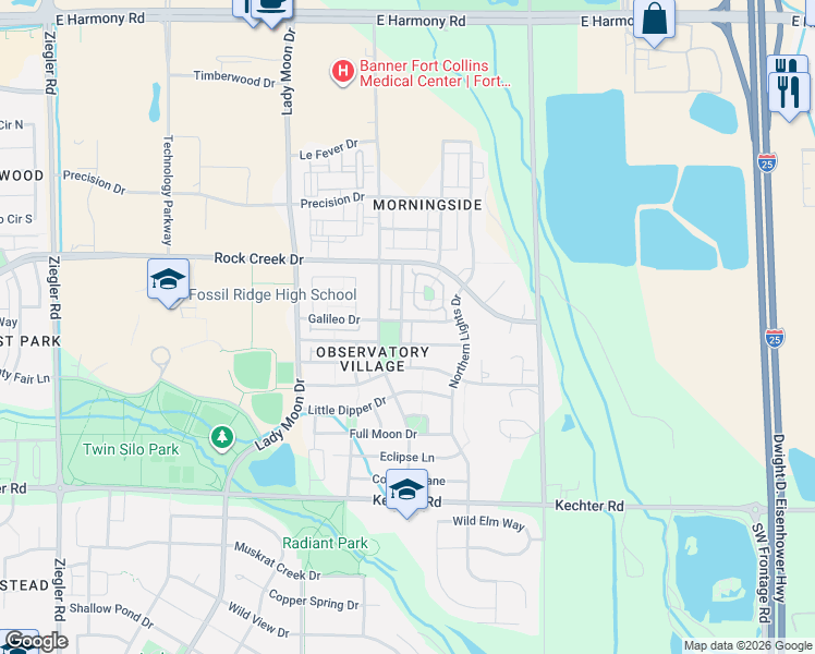 map of restaurants, bars, coffee shops, grocery stores, and more near 3802 Observatory Drive in Fort Collins