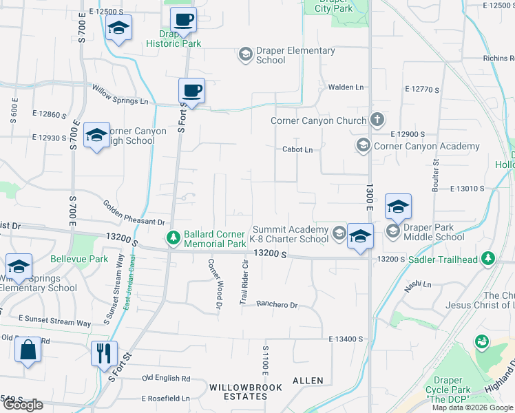 map of restaurants, bars, coffee shops, grocery stores, and more near 13089 South Ptarmigan Gate Road in Draper