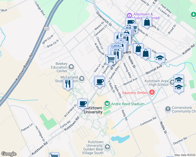 map of restaurants, bars, coffee shops, grocery stores, and more near 445 Sacony Alley in Kutztown