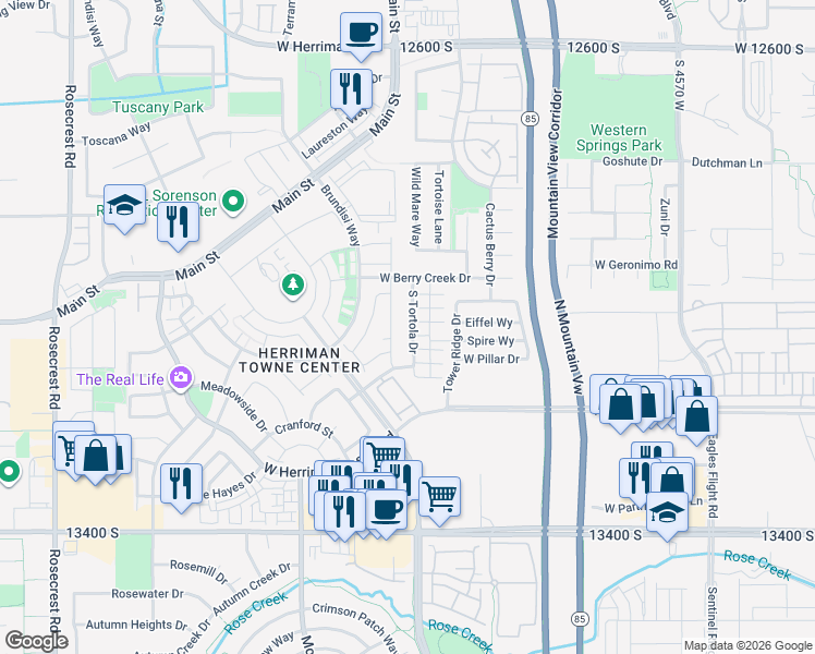 map of restaurants, bars, coffee shops, grocery stores, and more near 13072 South Tortola Drive in Herriman