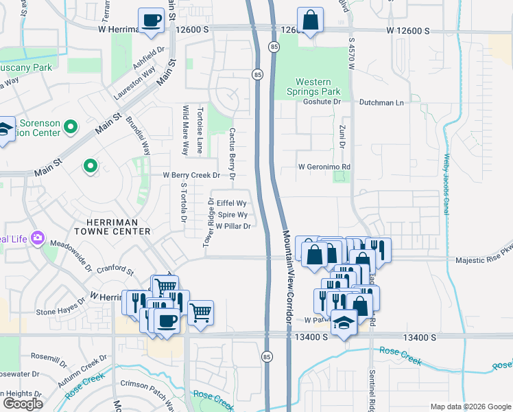 map of restaurants, bars, coffee shops, grocery stores, and more near 13061 Cannon View Drive in Riverton
