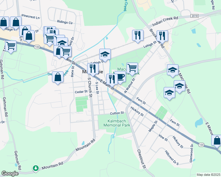 map of restaurants, bars, coffee shops, grocery stores, and more near 164 East Main Street in Macungie