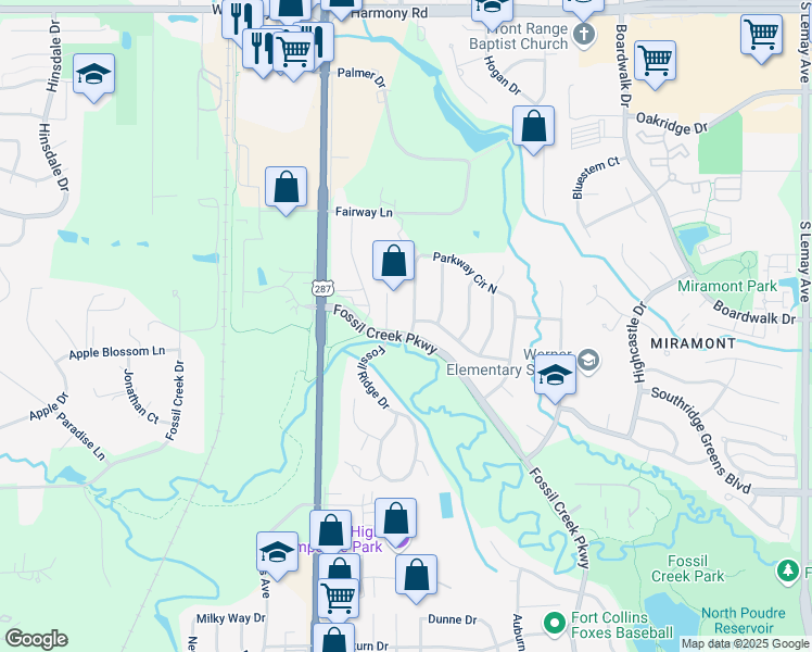 map of restaurants, bars, coffee shops, grocery stores, and more near 5212 Parkway Circle West in Fort Collins