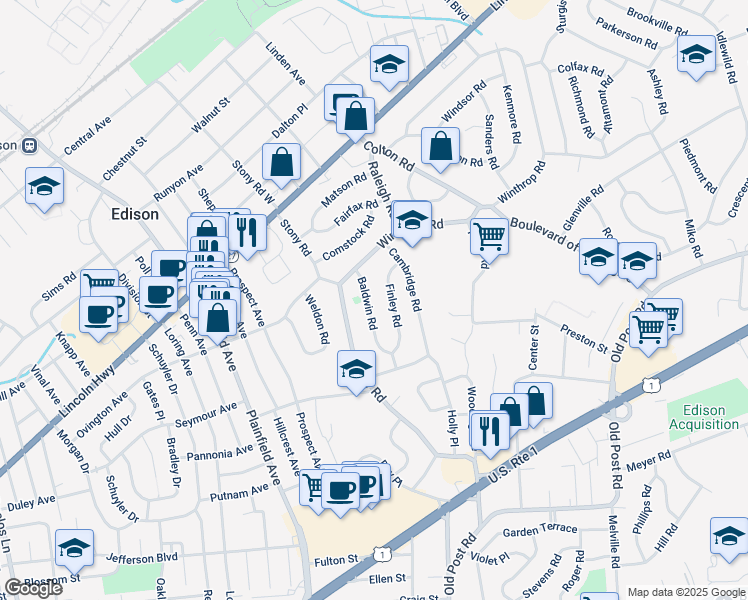 map of restaurants, bars, coffee shops, grocery stores, and more near 24 Finley Road in Edison