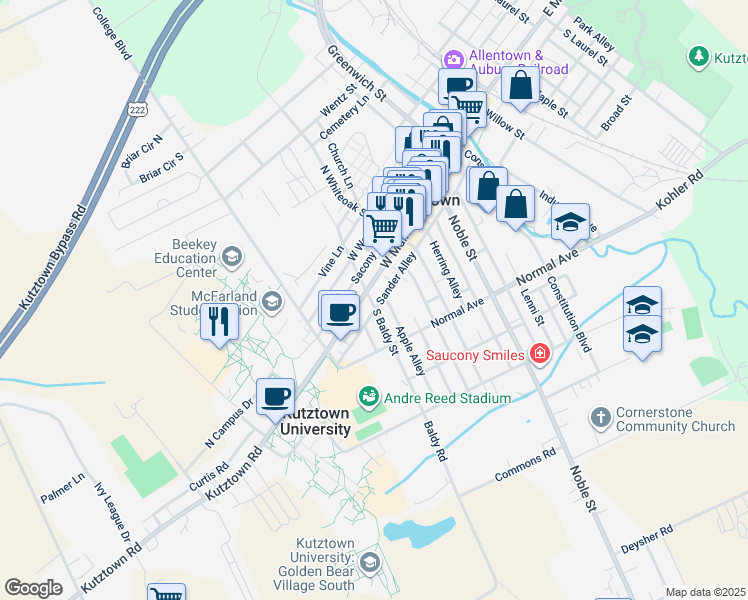 map of restaurants, bars, coffee shops, grocery stores, and more near 370 West Main Street in Kutztown