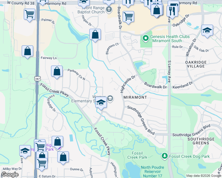map of restaurants, bars, coffee shops, grocery stores, and more near 5225 Castle Ridge Place in Fort Collins