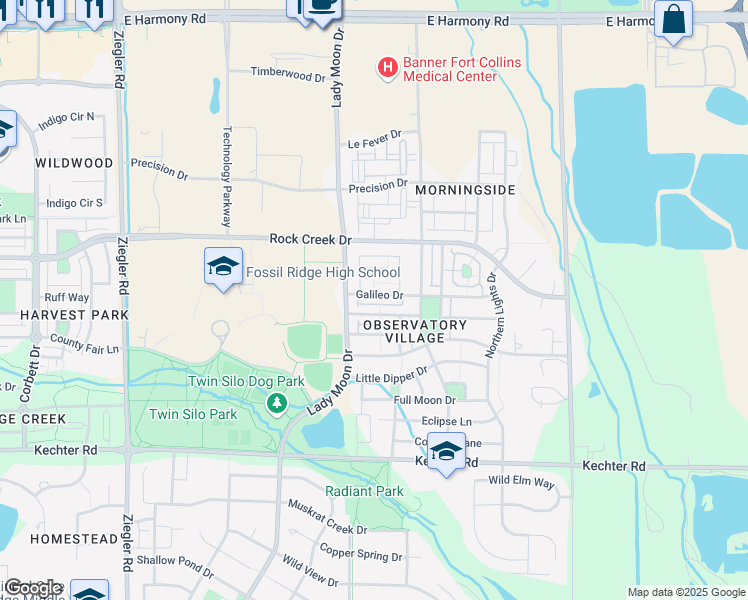 map of restaurants, bars, coffee shops, grocery stores, and more near 3633 Galileo Drive in Fort Collins