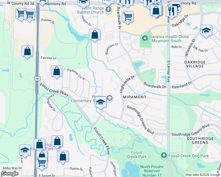 map of restaurants, bars, coffee shops, grocery stores, and more near 5225 Castle Ridge Place in Fort Collins