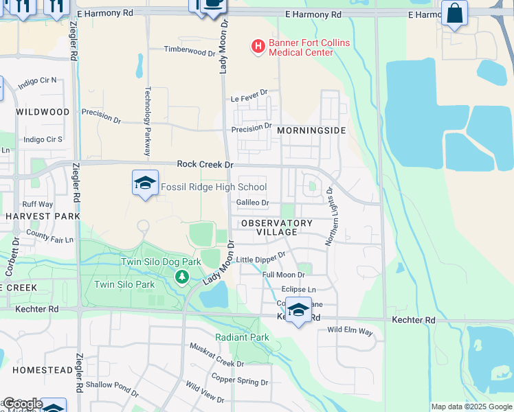 map of restaurants, bars, coffee shops, grocery stores, and more near 3639 Observatory Drive in Fort Collins
