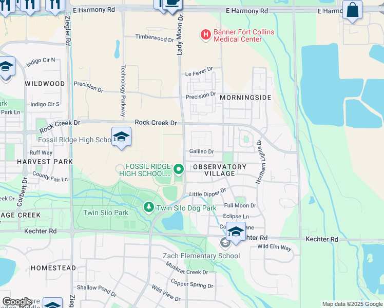 map of restaurants, bars, coffee shops, grocery stores, and more near 3609 Galileo Drive in Fort Collins