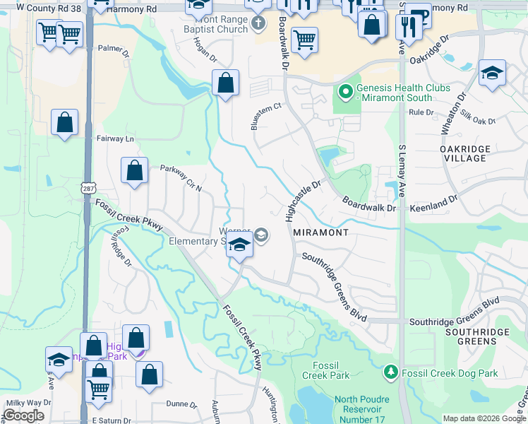 map of restaurants, bars, coffee shops, grocery stores, and more near 5225 Castle Ridge Place in Fort Collins