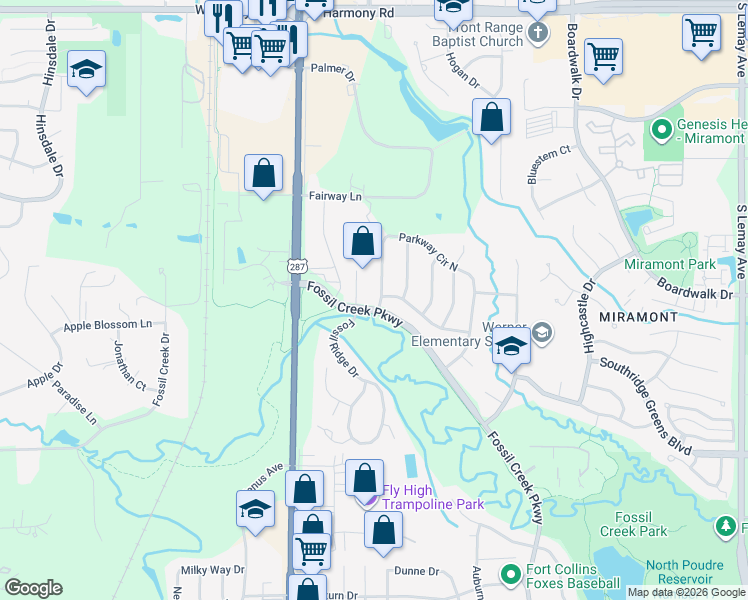 map of restaurants, bars, coffee shops, grocery stores, and more near 5212 Parkway Circle West in Fort Collins
