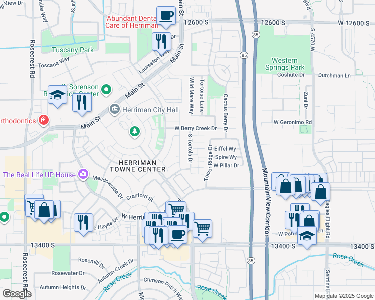 map of restaurants, bars, coffee shops, grocery stores, and more near 13137 Acklins Drive in Herriman