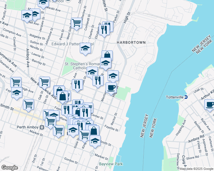 map of restaurants, bars, coffee shops, grocery stores, and more near 446 Mechanic Street in Perth Amboy
