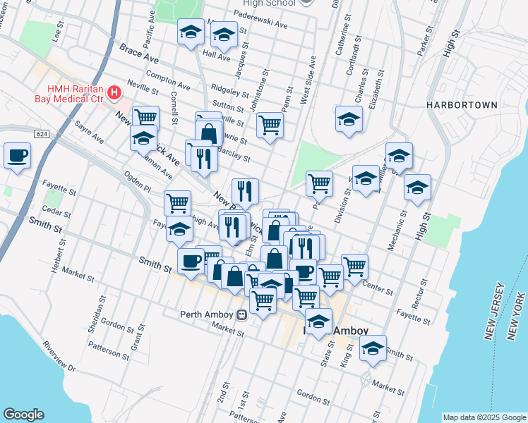 map of restaurants, bars, coffee shops, grocery stores, and more near 264-270 New Brunswick Avenue in Perth Amboy