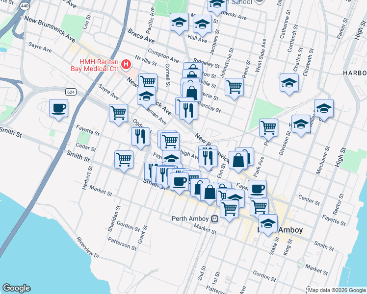 map of restaurants, bars, coffee shops, grocery stores, and more near 362 Stockton Street in Perth Amboy