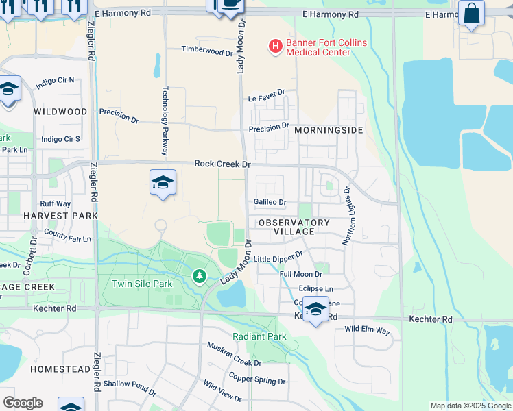 map of restaurants, bars, coffee shops, grocery stores, and more near 3609 Galileo Drive in Fort Collins