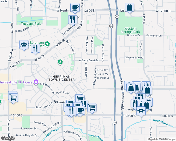 map of restaurants, bars, coffee shops, grocery stores, and more near 4993 West Sarasota Lane in Herriman