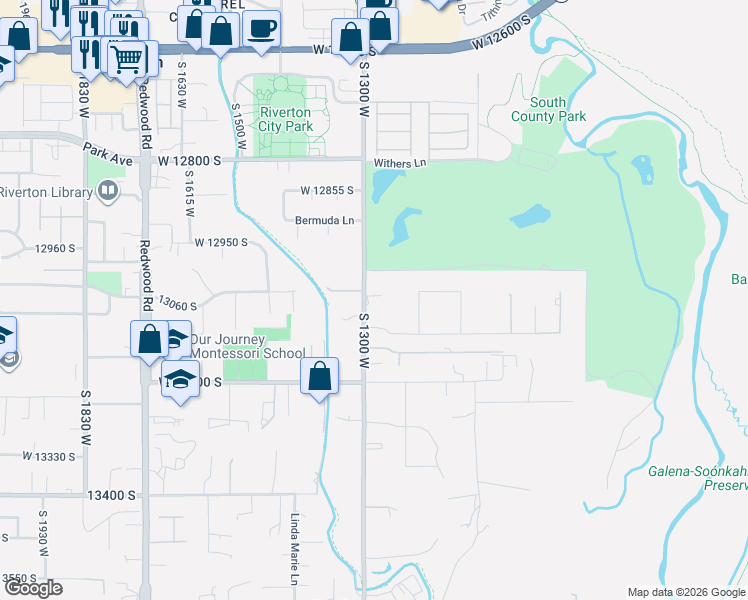map of restaurants, bars, coffee shops, grocery stores, and more near 13053 South 1300 West in Riverton
