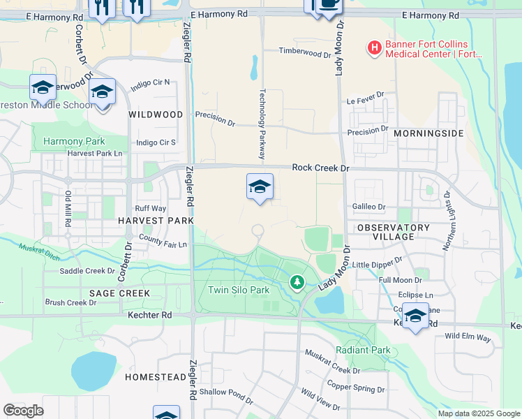map of restaurants, bars, coffee shops, grocery stores, and more near 5400 Ziegler Road in Fort Collins