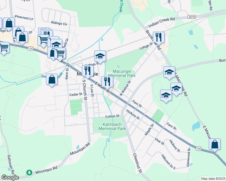 map of restaurants, bars, coffee shops, grocery stores, and more near 201 East Main Street in Macungie
