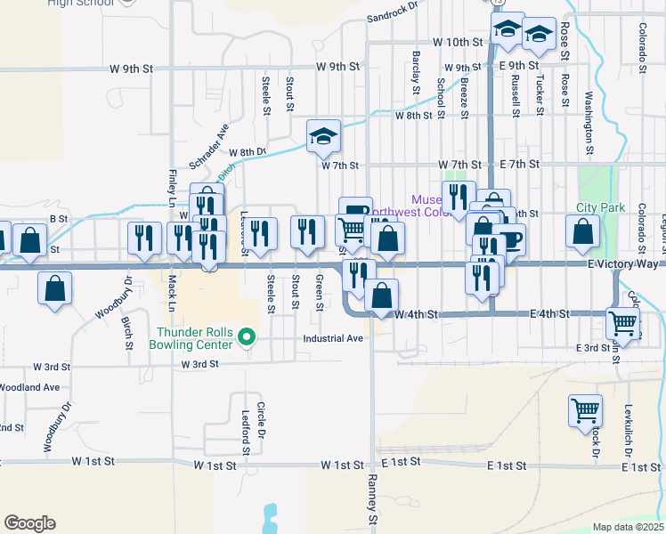 map of restaurants, bars, coffee shops, grocery stores, and more near 405 Pershing Street in Craig