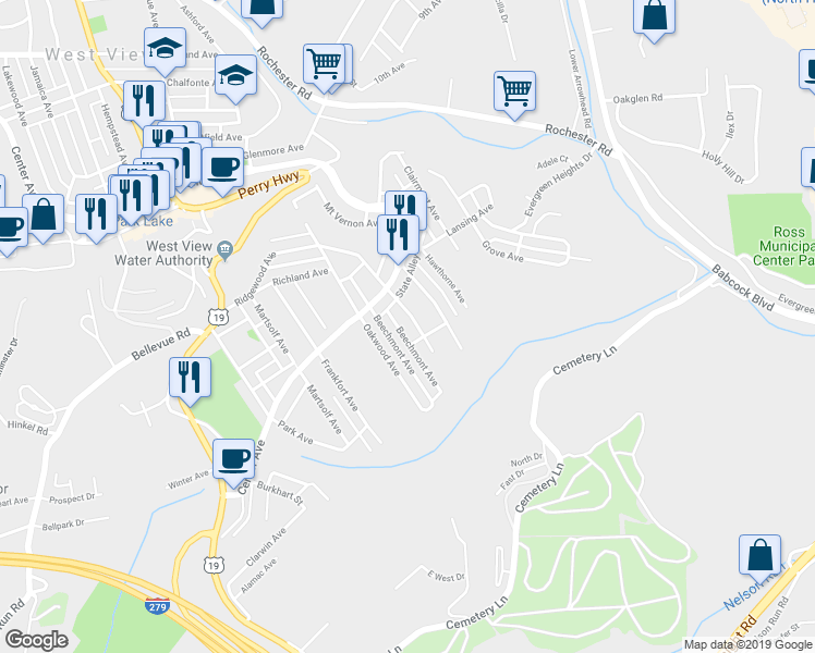 map of restaurants, bars, coffee shops, grocery stores, and more near 111 Ridgewood Avenue in Pittsburgh