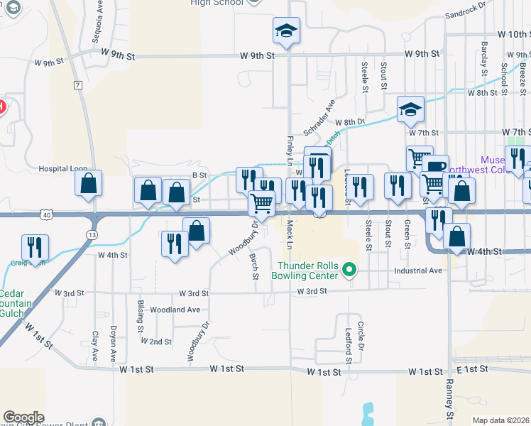 map of restaurants, bars, coffee shops, grocery stores, and more near Colorado 13 in Craig