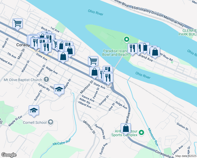 map of restaurants, bars, coffee shops, grocery stores, and more near 1507 5th Avenue in Coraopolis