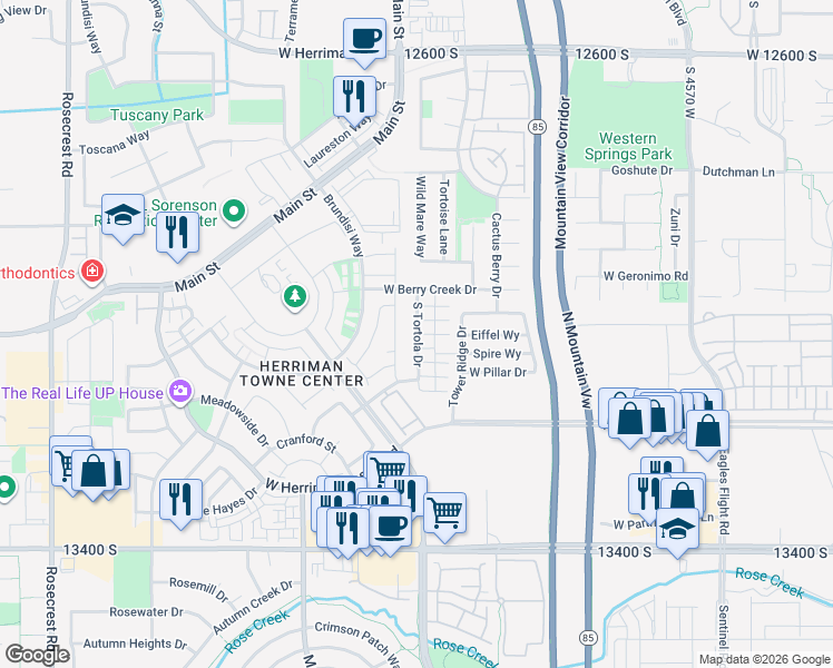 map of restaurants, bars, coffee shops, grocery stores, and more near South Tortola Drive in Herriman