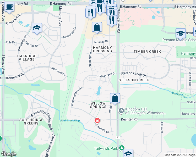 map of restaurants, bars, coffee shops, grocery stores, and more near 1906 Topanga Court in Fort Collins