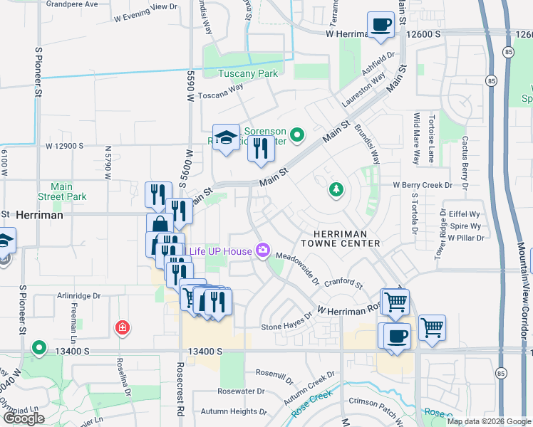 map of restaurants, bars, coffee shops, grocery stores, and more near 5409 West Cherry Breeze Court in Herriman